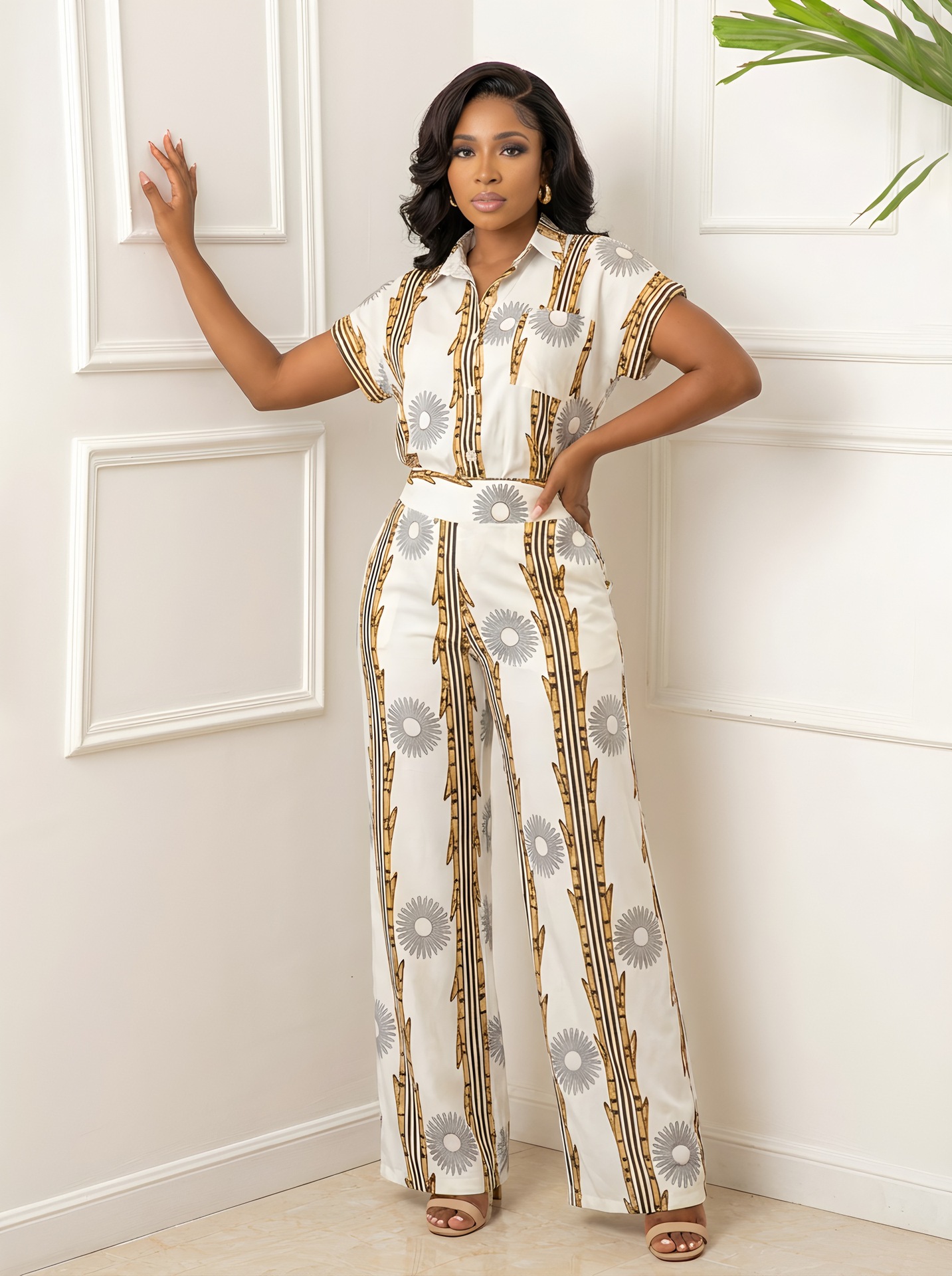 Turndown Collar Long Sleeve Shirt & Pants Holiday Two-Piece Set