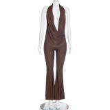 Women's Fashion Sexy Cut-Out Halter Plunge Neck Low Back Jumpsuit
