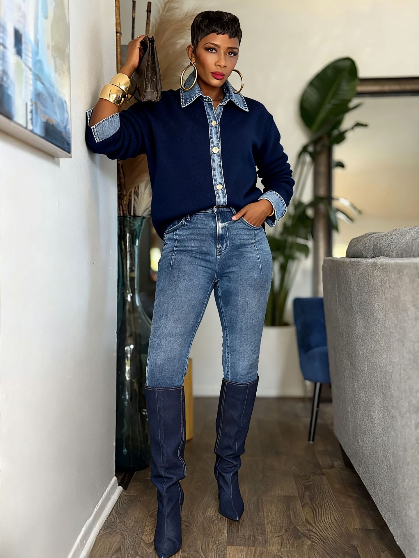 Patchwork Faux Two-Piece Denim Collar Button Knit Top