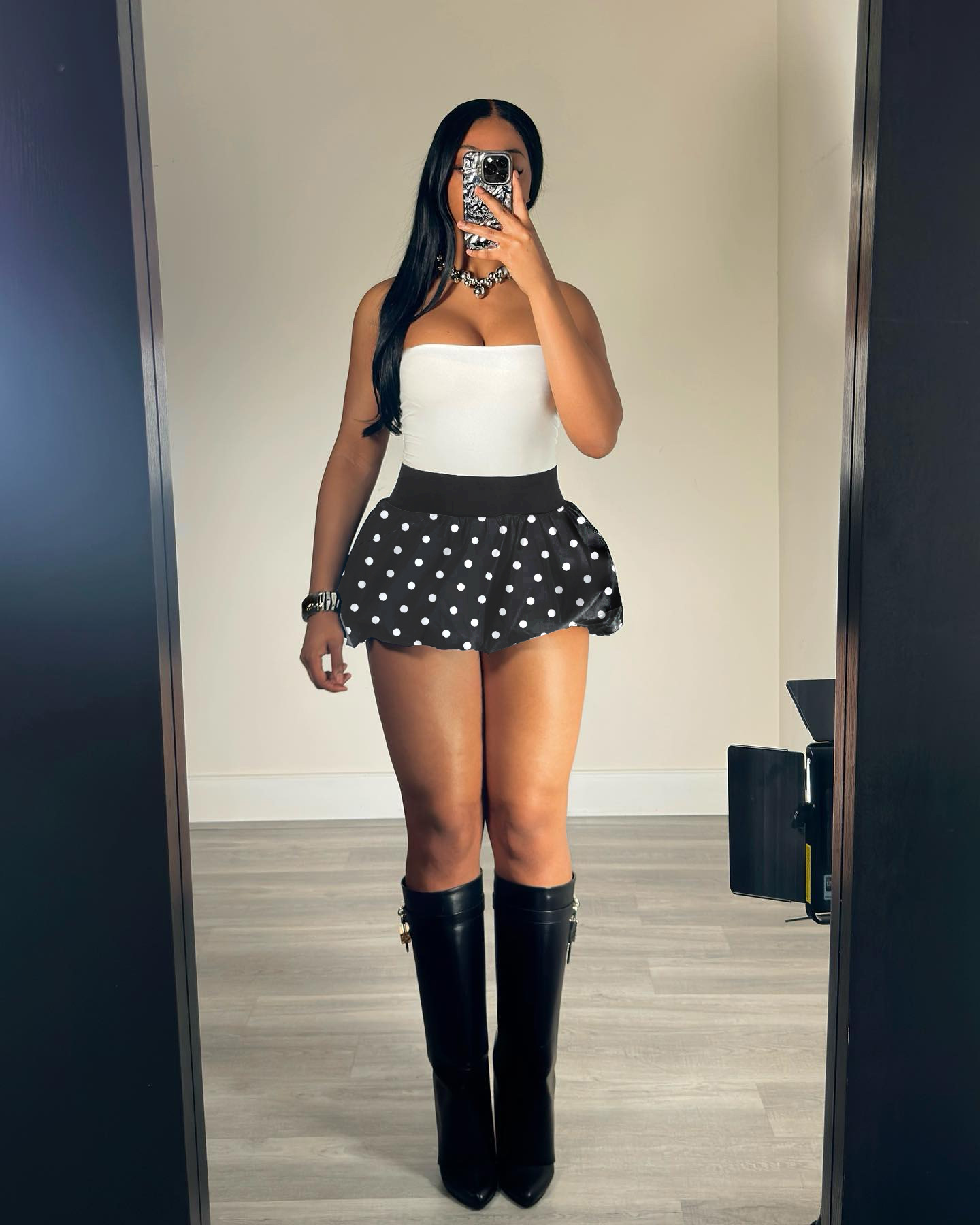 Polka Dot High-Waist Pleated Elastic Waist Mini Skirt