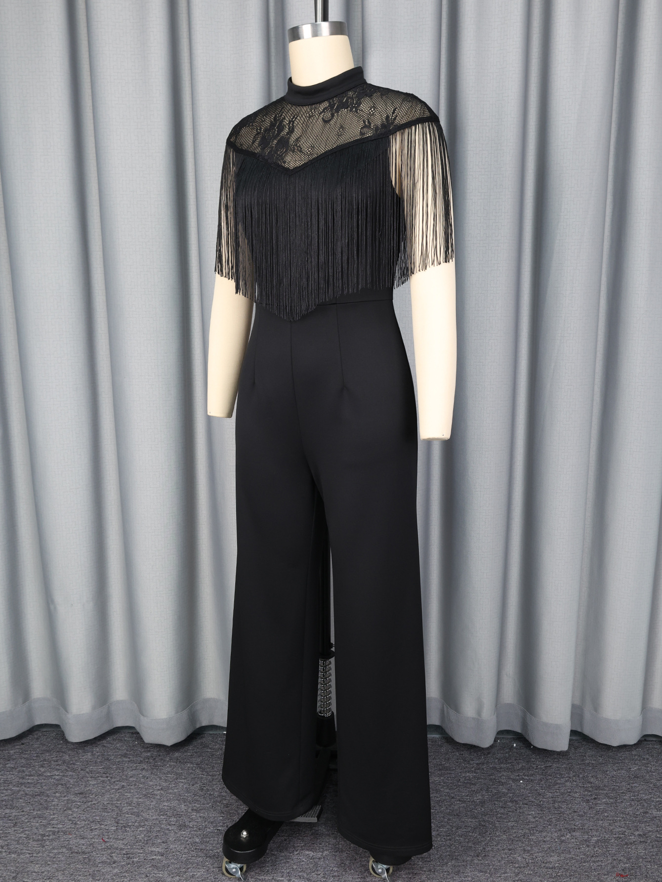 Black Long Sleeve Fringe Lace See-Through Slim Fit Jumpsuit