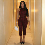 Women Autumn Printed Sleeveless Backless Jumpsuit