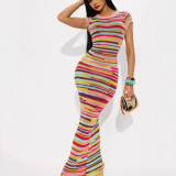 Spring Women's Multi-Color Stripe Lace-Up Low Back V-Neck / Round Neck Sexy Holiday Beach Mini Dress