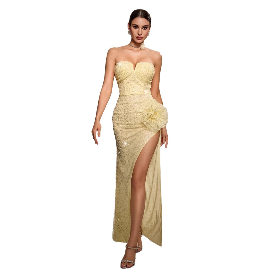 Luxury Sleeveless Strapless Sequin Slit Formal Evening Dress