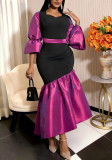 Spring Women's African Fashion Bell Sleeve Colorblock Ruffle Mermaid Evening Dress