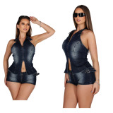 Spring Women's Sleeveless Low Back Denim Shorts Set