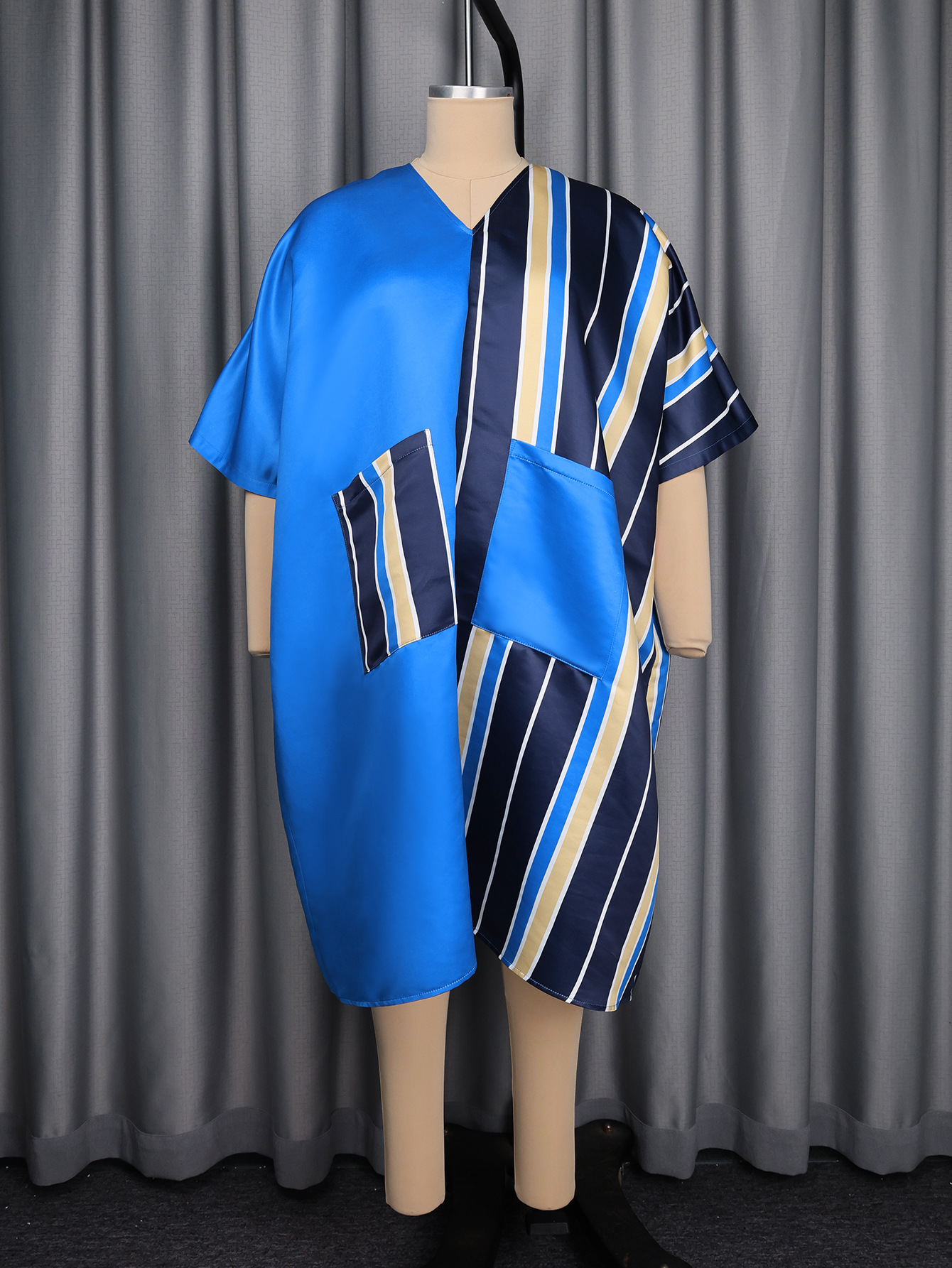 African Stripes V-Neck Bat Sleeve Satin Maxi Dress