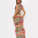 Spring Women's Multi-Color Stripe Lace-Up Low Back V-Neck / Round Neck Sexy Holiday Beach Mini Dress