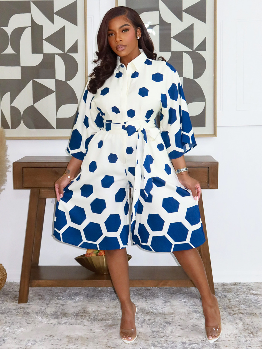 Wide Leg Positioning Print Turndown Collar Half Sleeve Jumpsuit