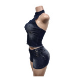 Spring Women's Sleeveless Low Back Denim Shorts Set