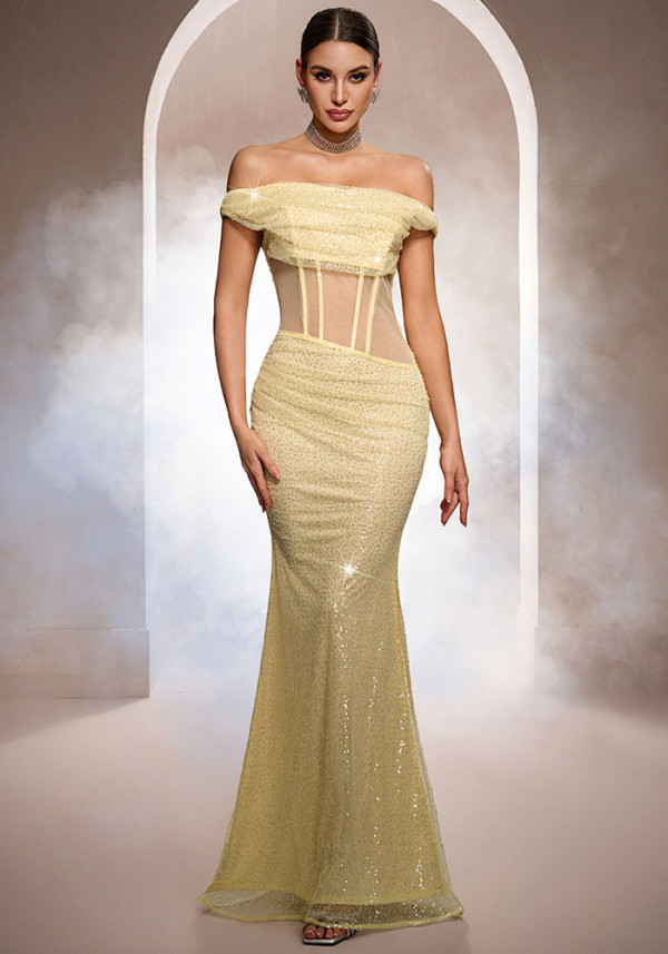 Spring Women's Luxury Sleeveless Off Shoulder Sequin Mermaid Formal Party Evening Dress