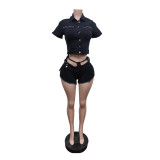 Spring Women's High Stretch Short Sleeve Denim Top & Shorts Casual Set
