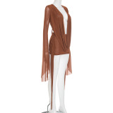 Women's Mesh Draped Neck Flared Long Sleeve Low Back Short Dress