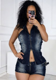 Spring Women's Sleeveless Low Back Denim Shorts Set