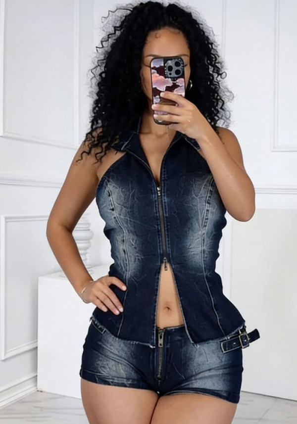 Spring Women's Sleeveless Low Back Denim Shorts Set
