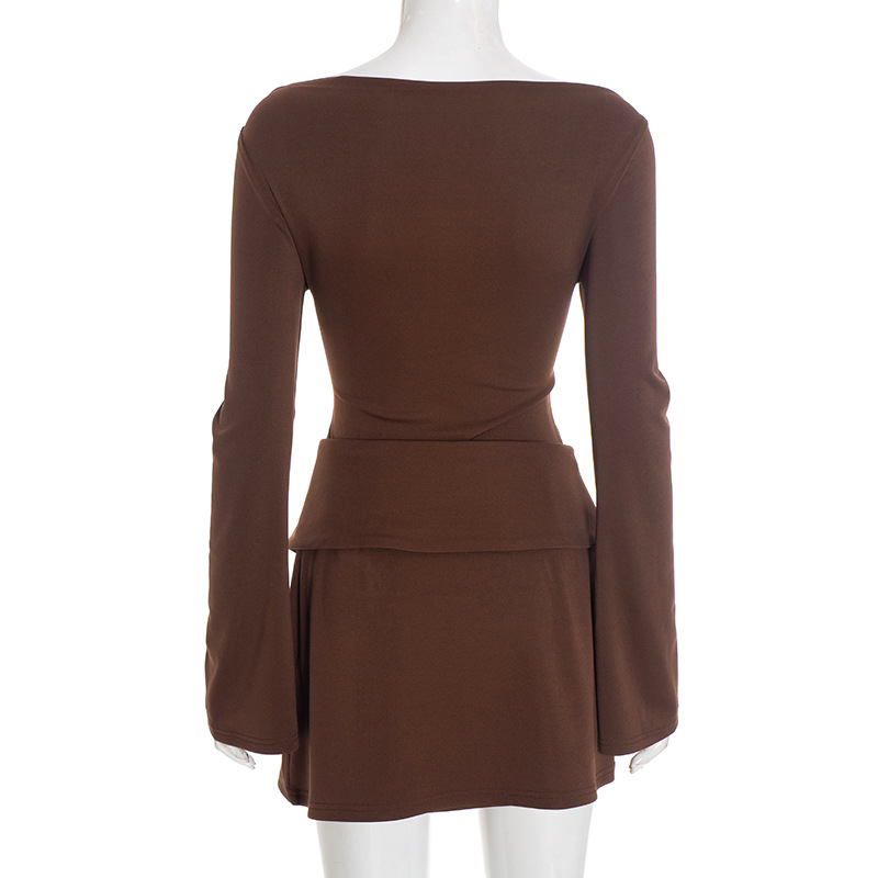 Flared Sleeve Short Dress & Button-Front Skirt Two-Piece Set