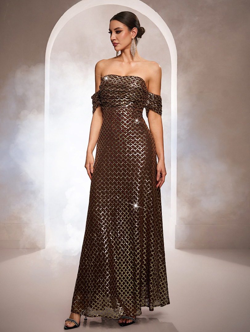 Luxury Sleeveless Off-Shoulder Sequin A-Line Formal Evening Dress