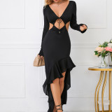 Spring Women's Bell Sleeve Hollow Out Open Waist Slit Ruffle Long Dress