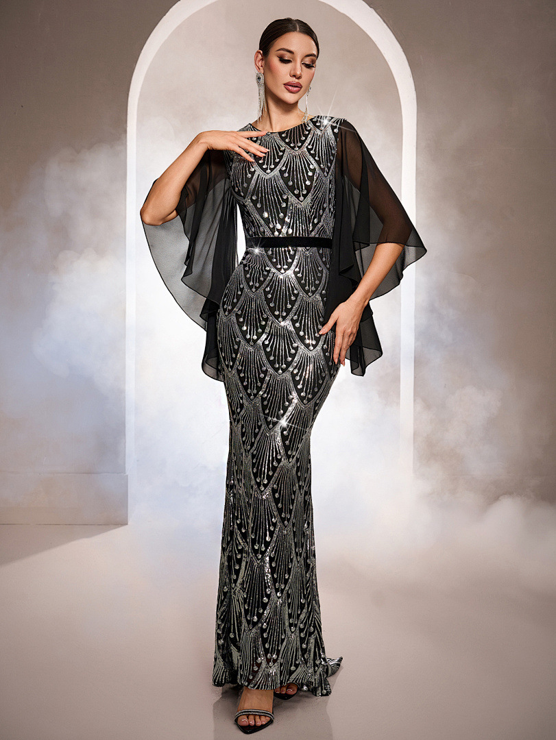 Luxury Long Sleeve Round Neck Sequin Mermaid Evening Dress
