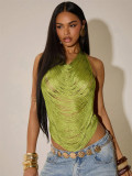 Spring Summer Women's Sexy Hollow Out Fringe Halter Neck Lace-Up Festival Tank Top