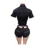 Spring Women's High Stretch Short Sleeve Denim Top & Shorts Casual Set