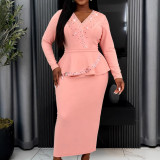 Spring Women's Formal Party Slim Waist Beaded V-Neck Ruffle Elegant Career Formal Party Dress