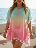 Spring Women's Plus Size Gradient Print Fringe Patchwork T-Shirt Beach Cover-Up