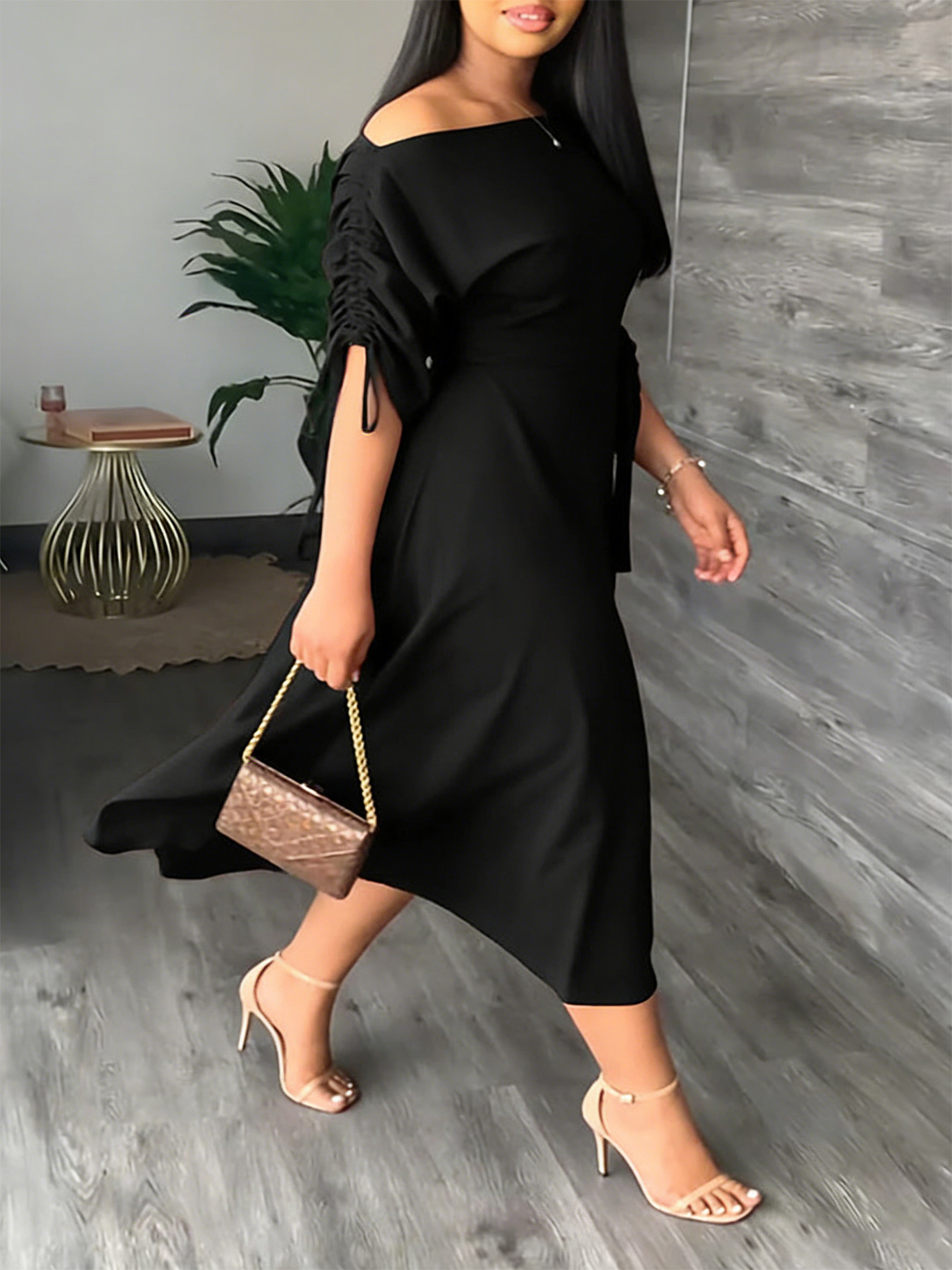 Off-Shoulder Lace-Up Slim Fit Half Sleeve A-Line Midi Dress