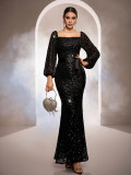 Spring Women's Luxury Long Sleeve Square Neck Sequin Slit Formal Party Evening Dress