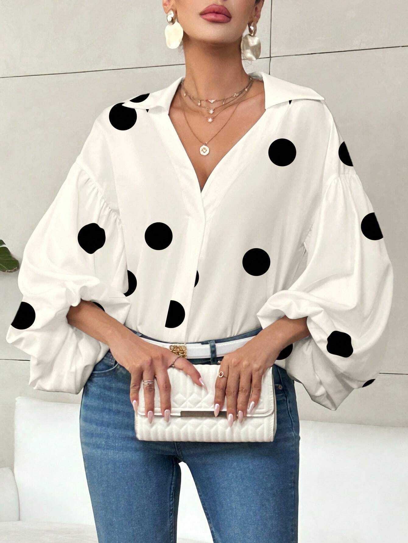 French Polka Dot Half-Open Neckline Puff Long-Sleeve Top