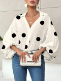 Women French polka dot half-open neckline puff long-sleeved top