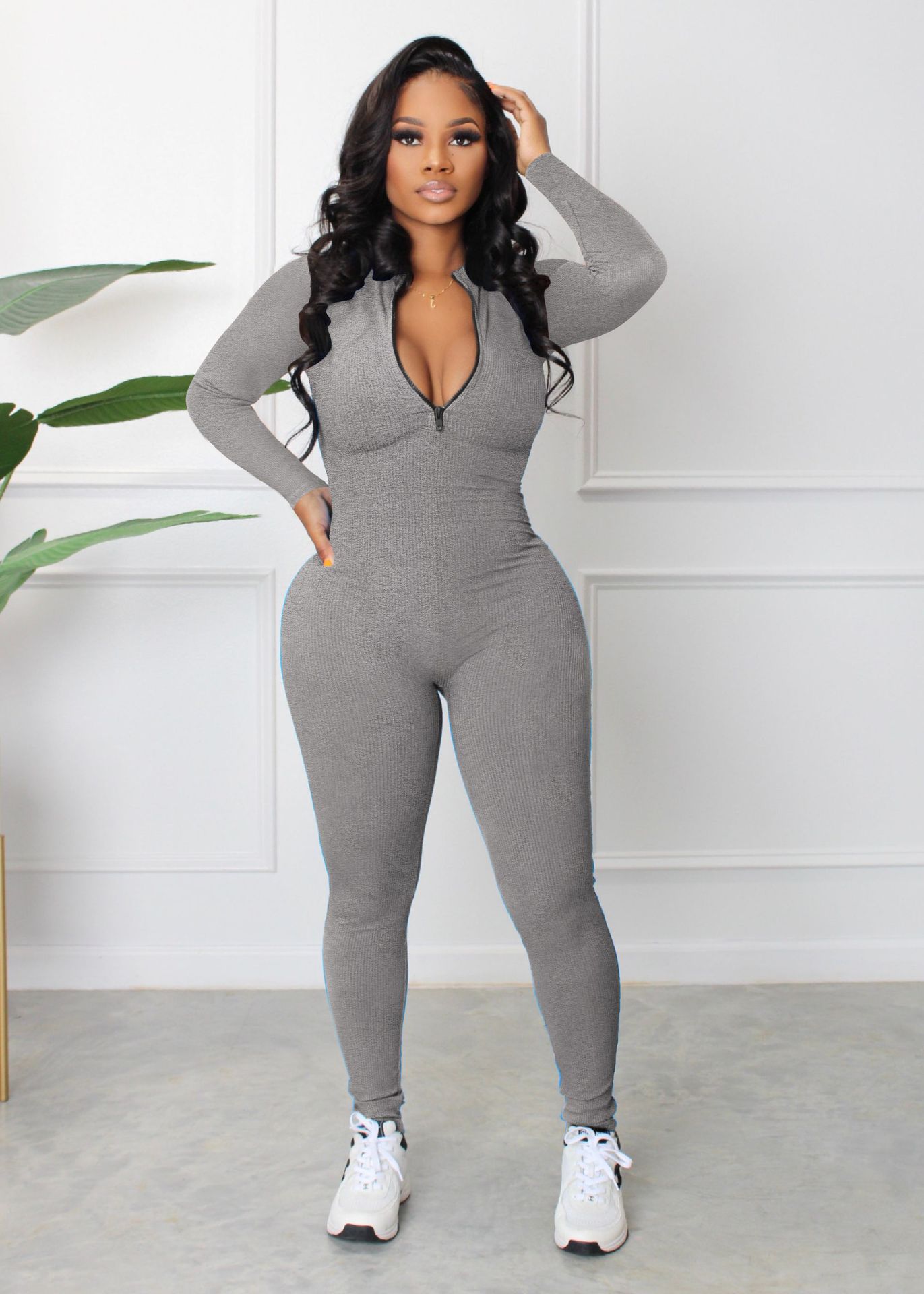 Ribbed Zipper Jumpsuit for Spring & Autumn Activewear