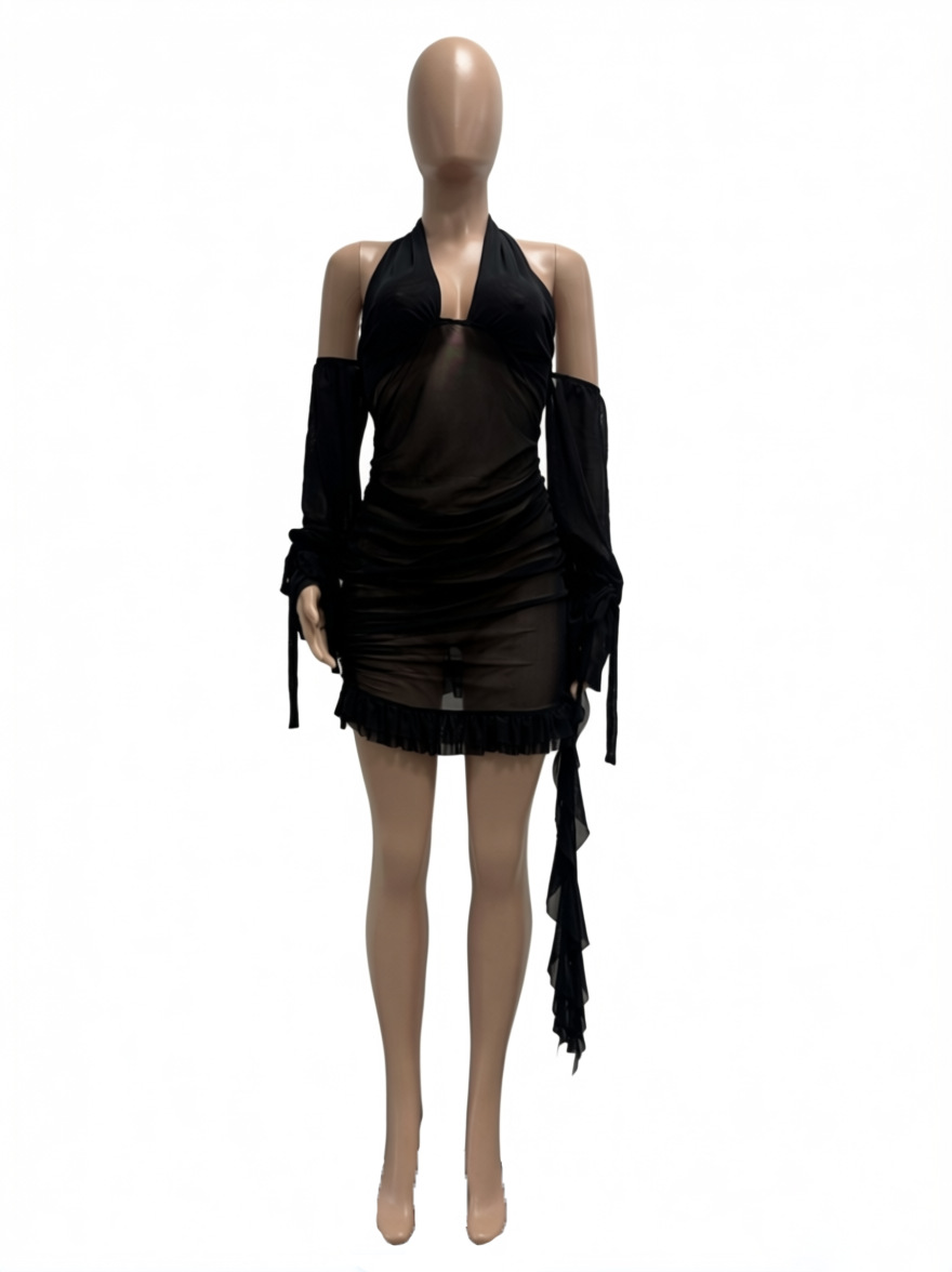 Mesh See-Through Halter Backless Lace-Up Pleated Dress
