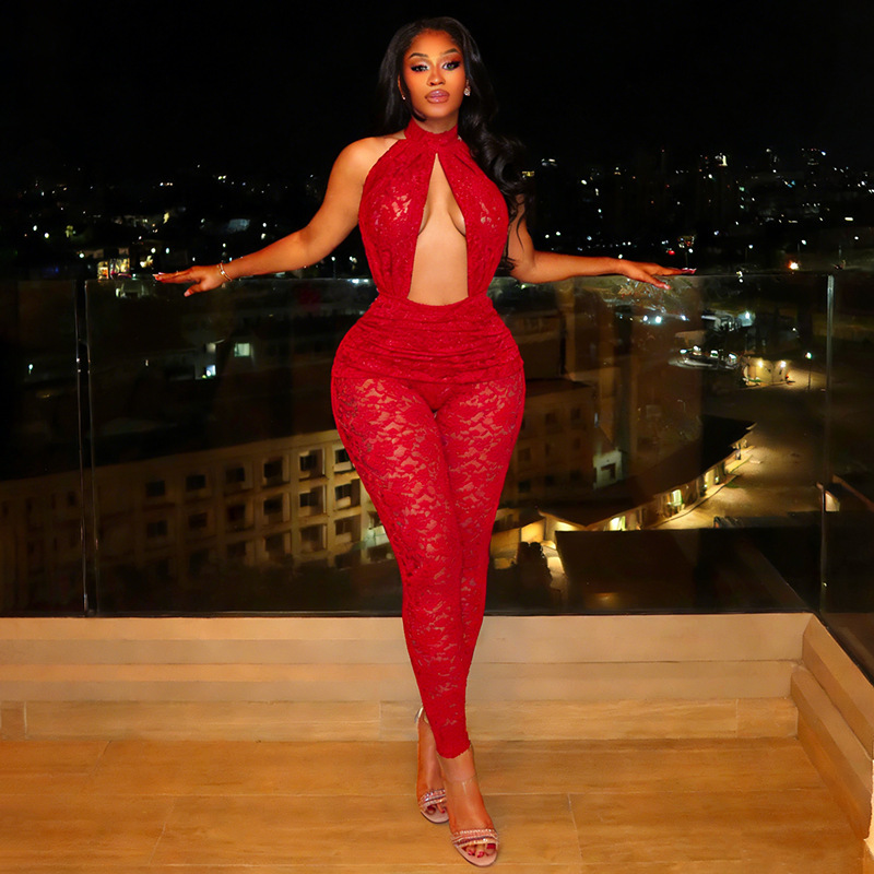 See-Through Backless Hollow-Out Lace Jumpsuit for Club Wear