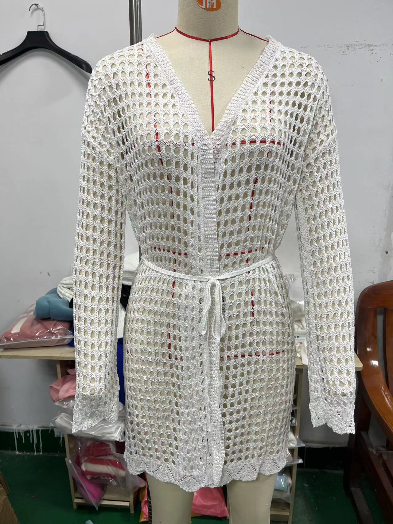 Belted Bell Bottom Sleeve Hollow-Out Knit Cover-Up Dress