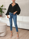 Women French polka dot half-open neckline puff long-sleeved top