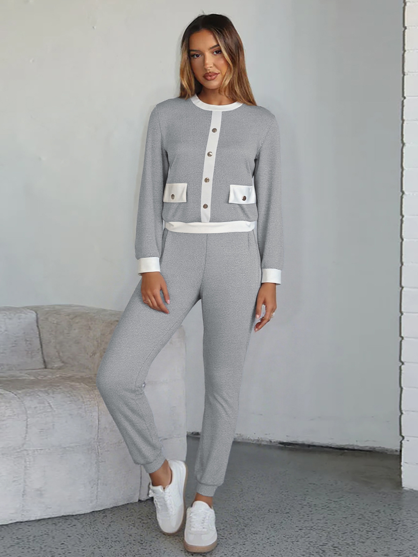 Patchwork Button Round Neck Long-Sleeve Top & Pants Set