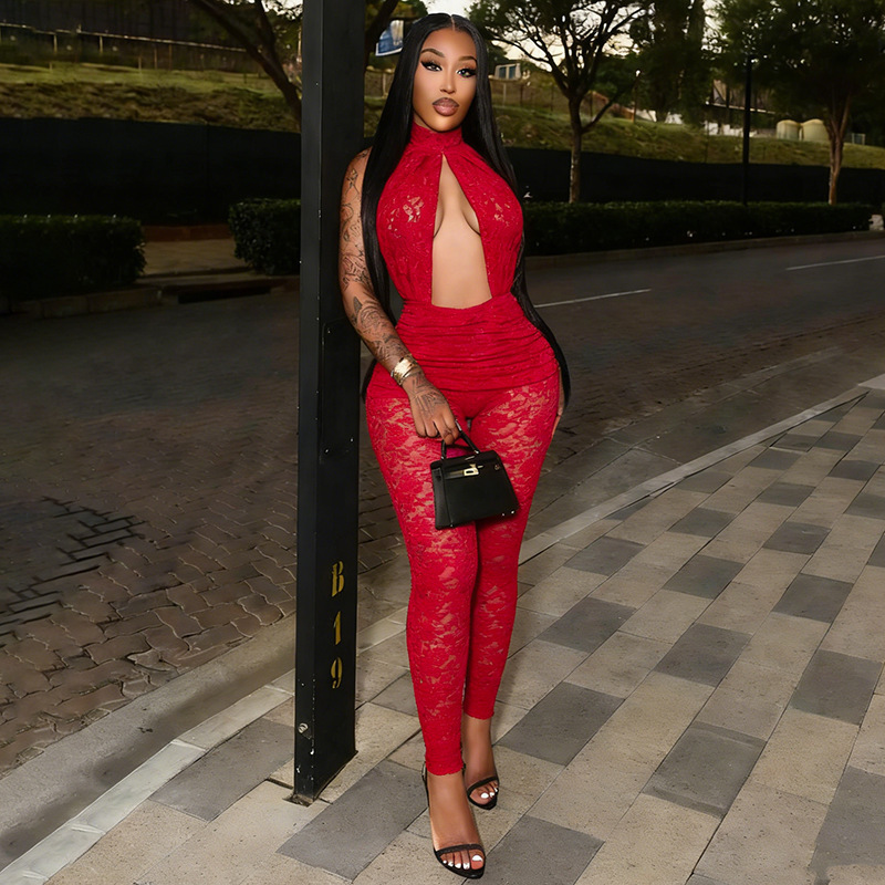 See-Through Backless Hollow-Out Lace Jumpsuit for Club Wear