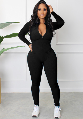 Women Spring and Autumn Ribbed Zipper Jumpsuit