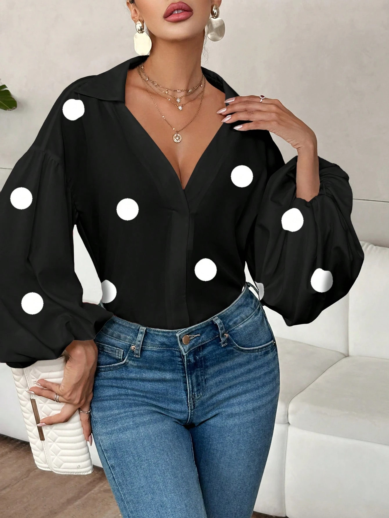 French Polka Dot Half-Open Neckline Puff Long-Sleeve Top