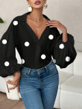 Women French polka dot half-open neckline puff long-sleeved top