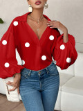 Women French polka dot half-open neckline puff long-sleeved top
