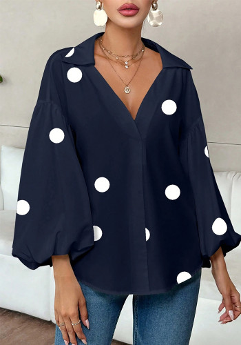 Women French polka dot half-open neckline puff long-sleeved top