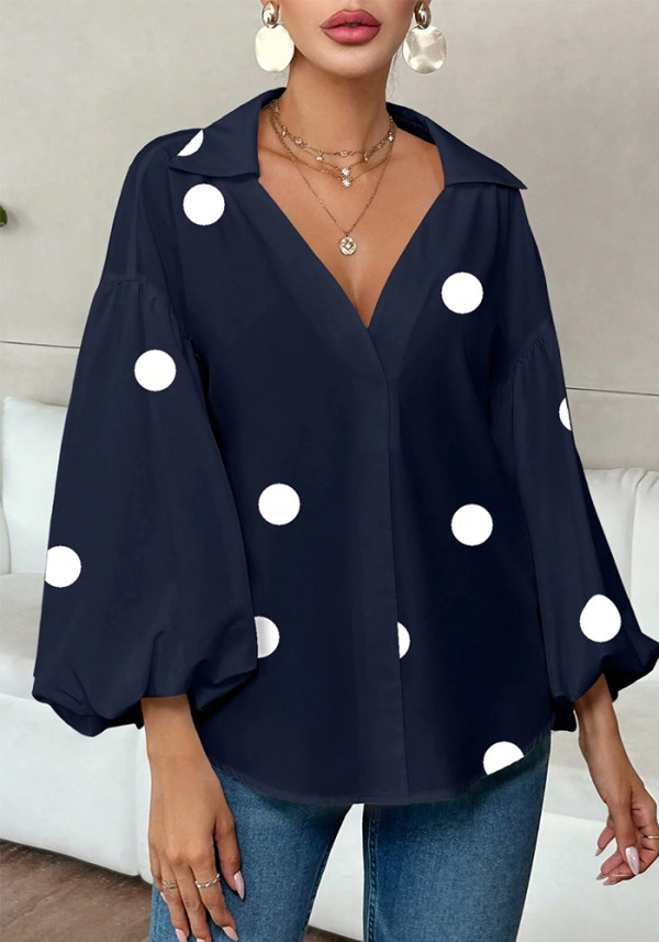 Women French polka dot half-open neckline puff long-sleeved top