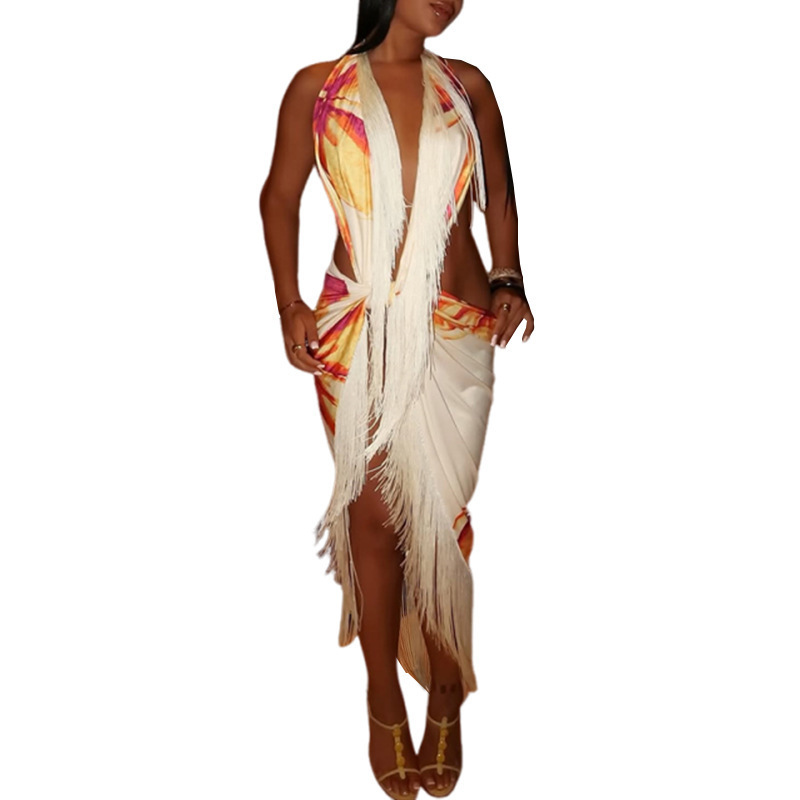 Printed Halter Backless V-Neck Top & Fringe Skirt Set