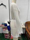 Women beach belt bell bottom sleeve hollowed-out cover-up knitting dress