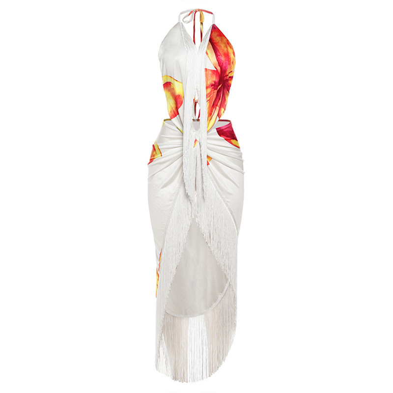 Printed Halter Backless V-Neck Top & Fringe Skirt Set