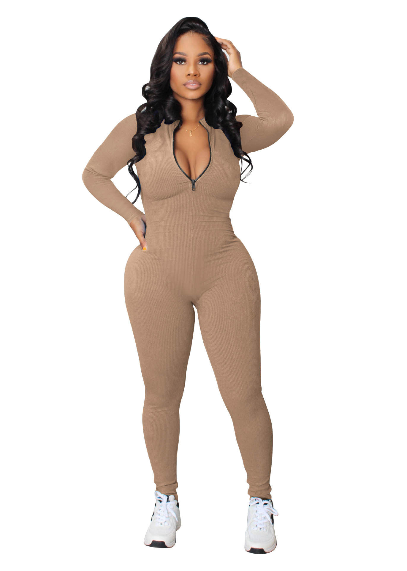 Ribbed Zipper Jumpsuit for Spring & Autumn Activewear
