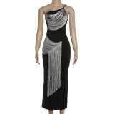 Women summer elegant slash shoulder tassel patchwork dress