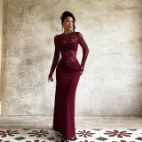Women Sexy and Elegant Long-Sleeved Patchwork Lace See-Through Dress